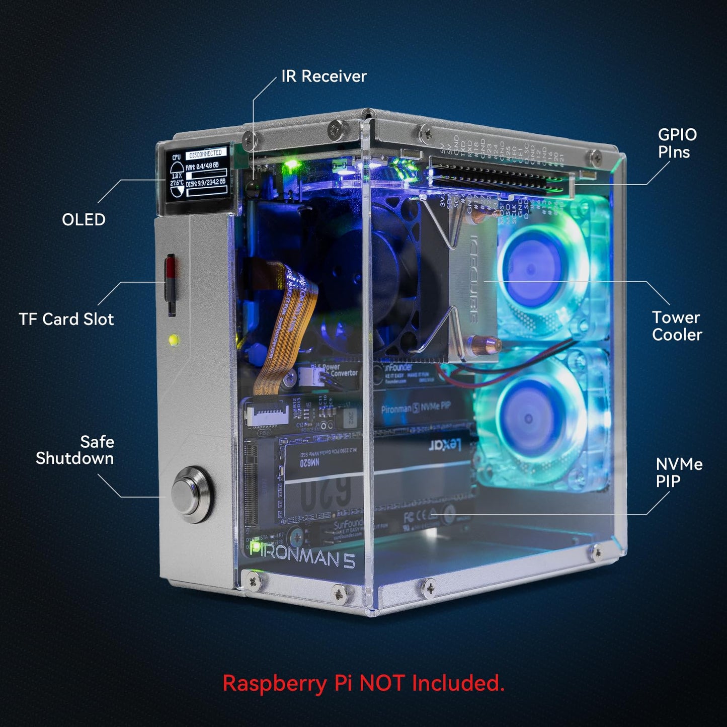 Pironman 5 NVMe M.2 SSD PCIe 2.0/3.0 Mini PC Case for Raspberry Pi 5 Hailo-8L AI Accelerator with Tower Cooler+Dual RGB Fans, 0.96'' OLED Module, Safe Shutdown, Standard HDMI, RGB Effect