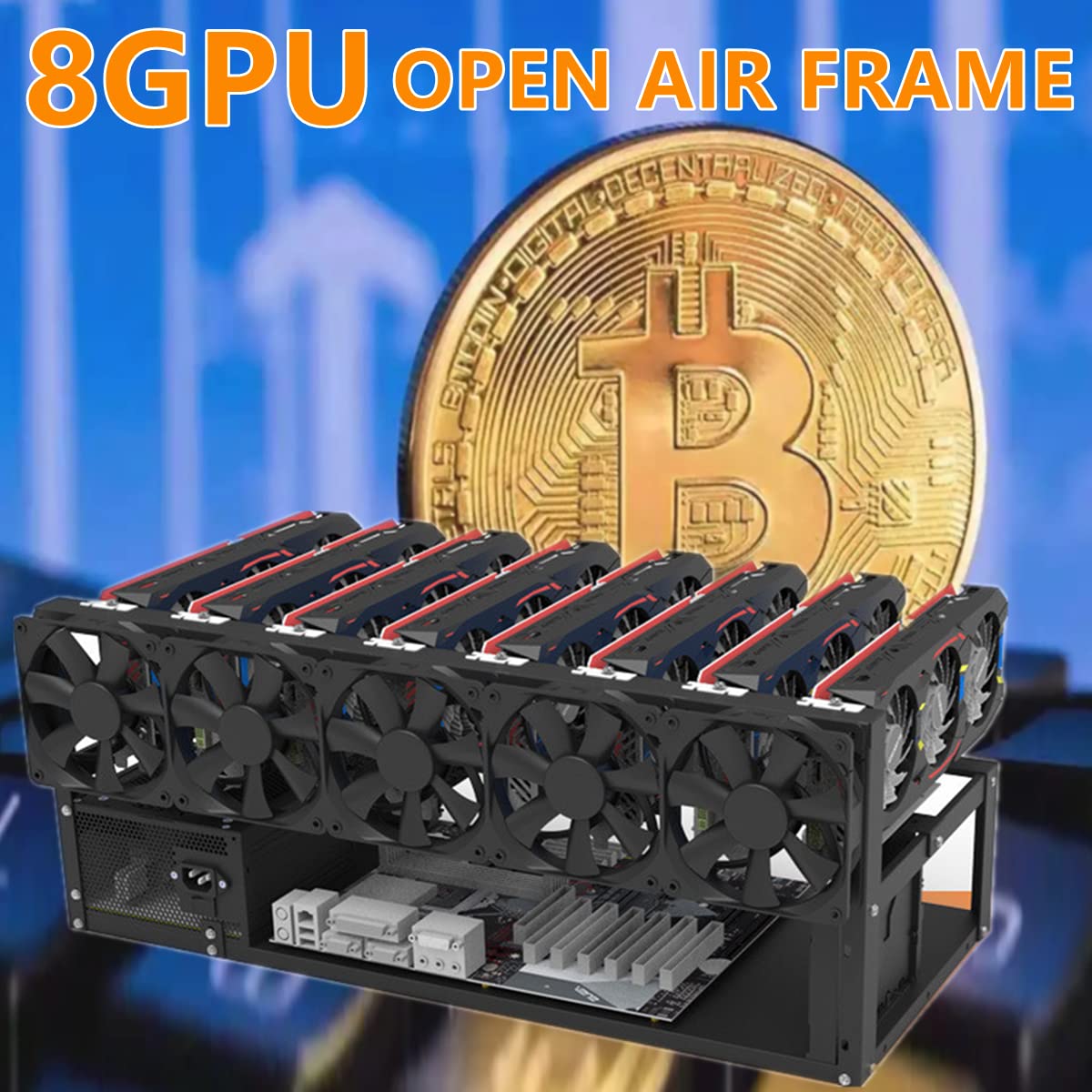 Mining Rig Frame, Steel Open Air Miner Mining Frame Rig Case Up to 8 GPU for Crypto Coin Currency Bitcoin Mining Accessories Tools -Frame Only, Fans & GPU is not Included