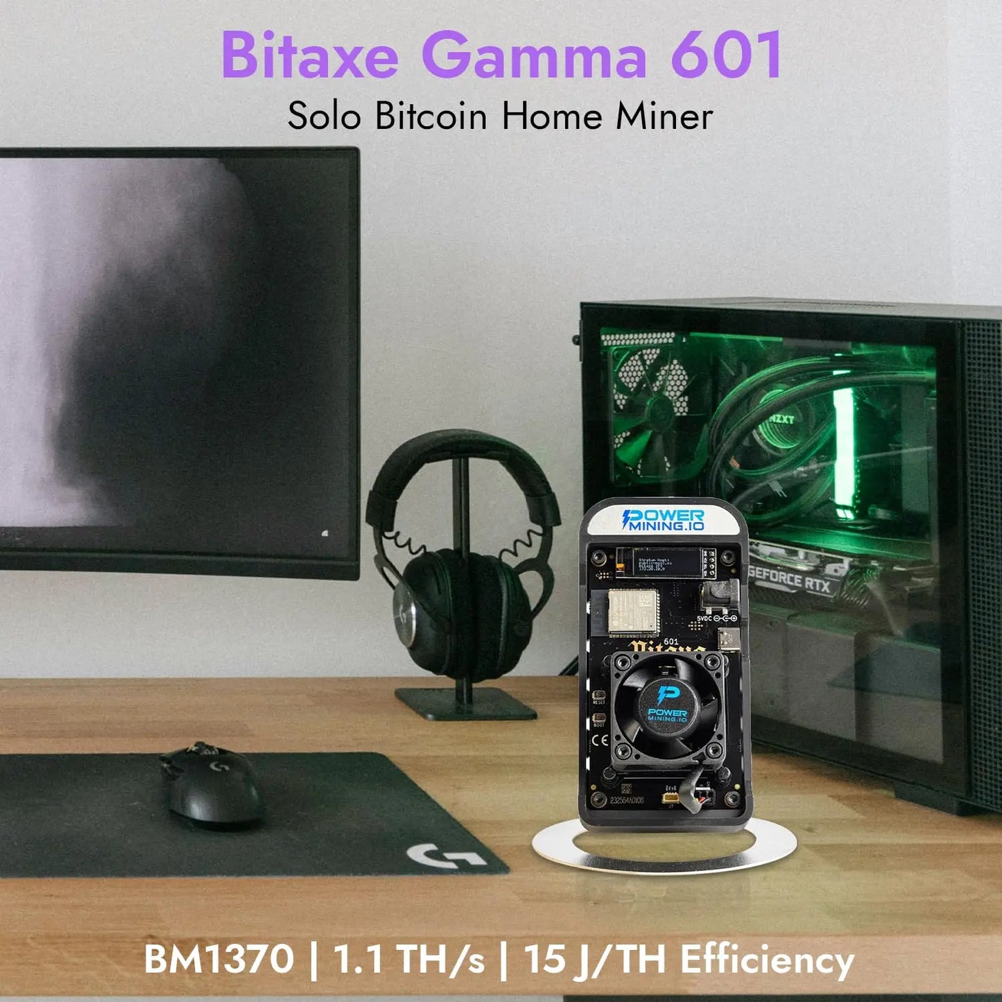 POWER MINING Bitaxe Gamma 602 ASIC Bitcoin Miner | 1.1 TH/s @ 18W | BM1370 Chip (Antminer S21 Pro) | Wi-Fi | USB-C | AxeOS | Open Source | Made in Europe | Incl. Power Supply & Stand POWER MINING