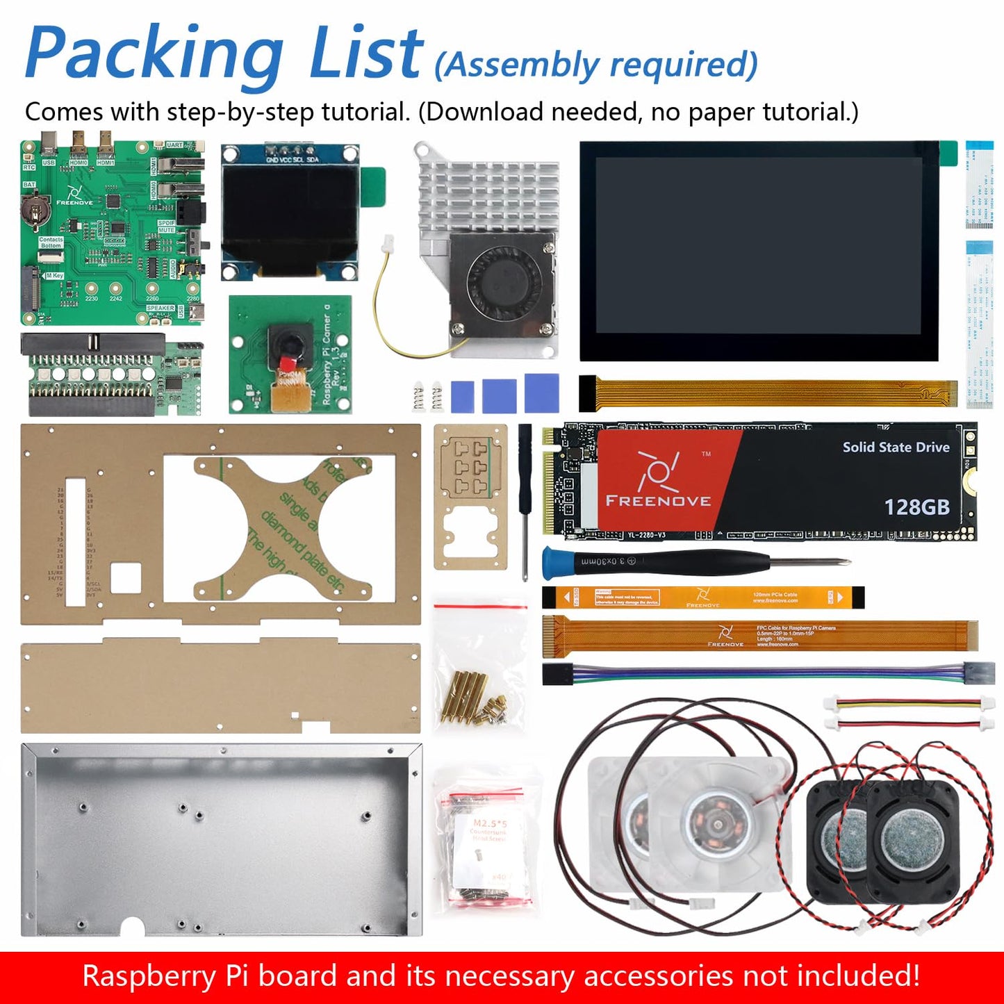 FREENOVE Raspberry Pi 5 Case with Screen (4.3'' Touchscreen), 128GB M.2 NVMe SSD 800 MB/s, 5 MP Camera, OLED Screen, Stereo Speakers, 3.5 mm and Optical Audio (S/PDIF)