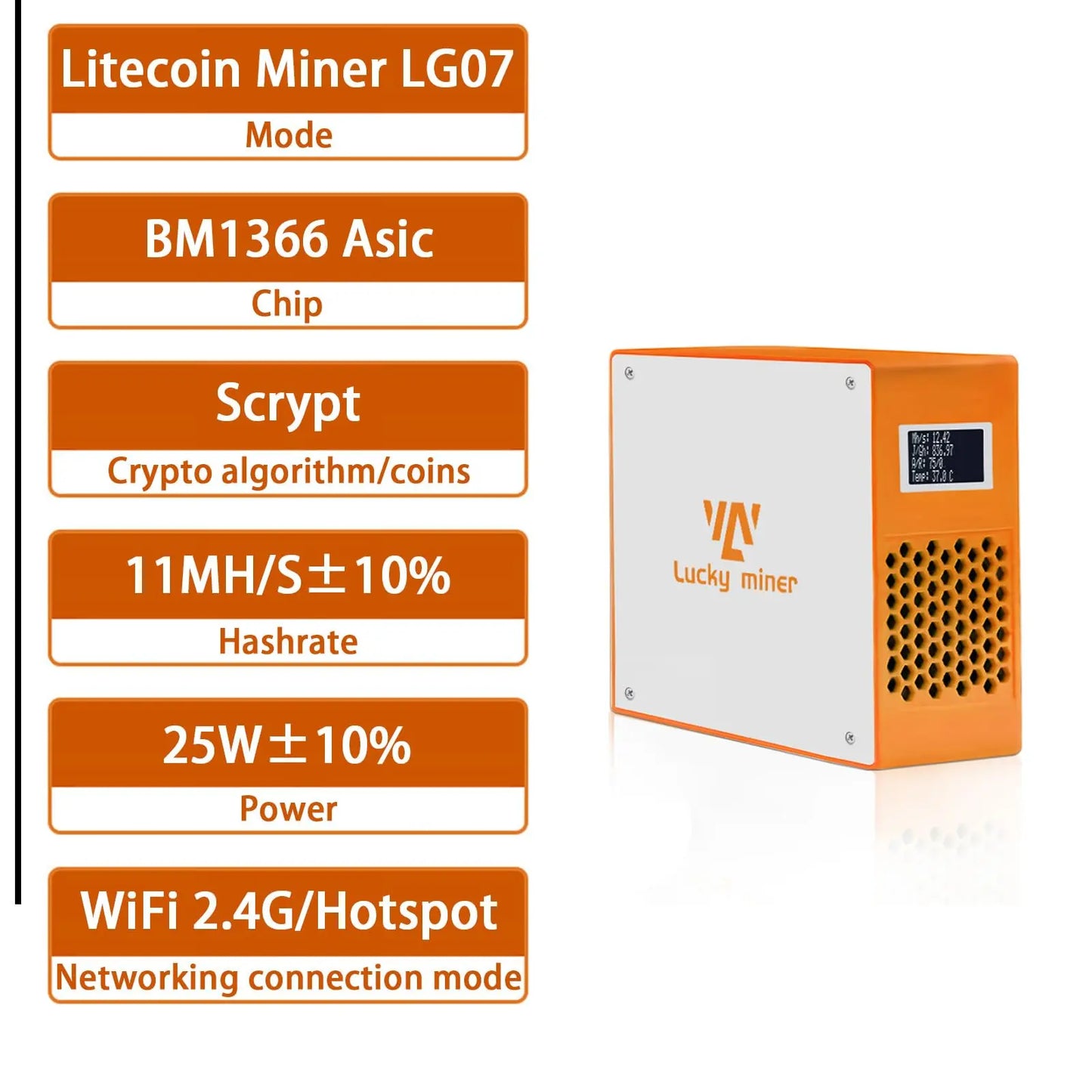 Litecoin Miner Dogecoin Solo Miner 11MH/S Lucky Miner LG07 Lottery Crypto Miner Bellscoin 2.4G/Hotspot Vergecoin Scrypt BM1366 Asic Chip Lucky Miner