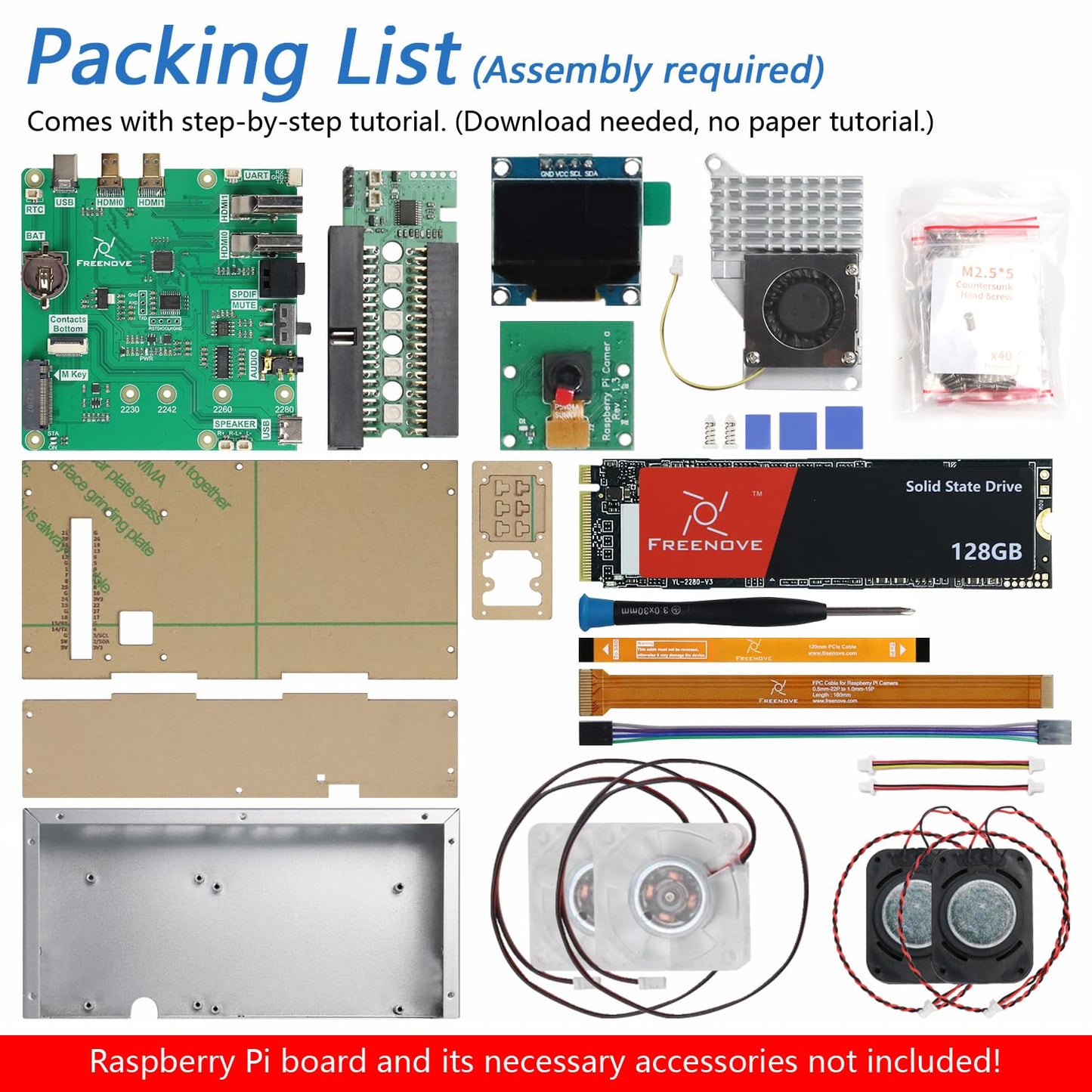 Freenove PC Case Kit for Raspberry Pi 5 with Cooling Fan,128GB M.2 NVMe SSD 800 MB/s, 5 MP Camera, 0.96 Inch OLED Screen, Built-in Stereo Speakers, 3.5 mm and Optical Audio (S/PDIF)