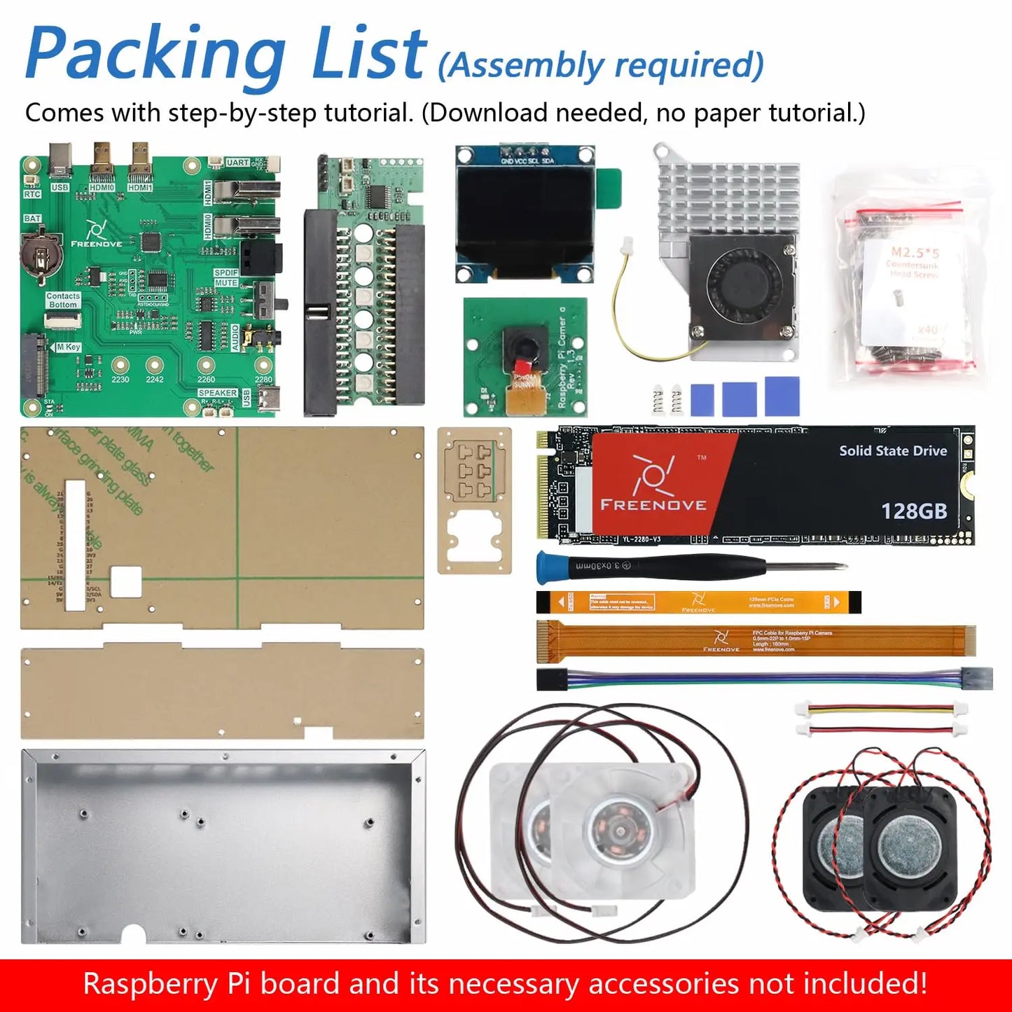 Freenove PC Case Kit for Raspberry Pi 5 with Cooling Fan,128GB M.2 NVMe SSD 800 MB/s, 5 MP Camera, 0.96 Inch OLED Screen, Built-in Stereo Speakers, 3.5 mm and Optical Audio (S/PDIF) FREENOVE