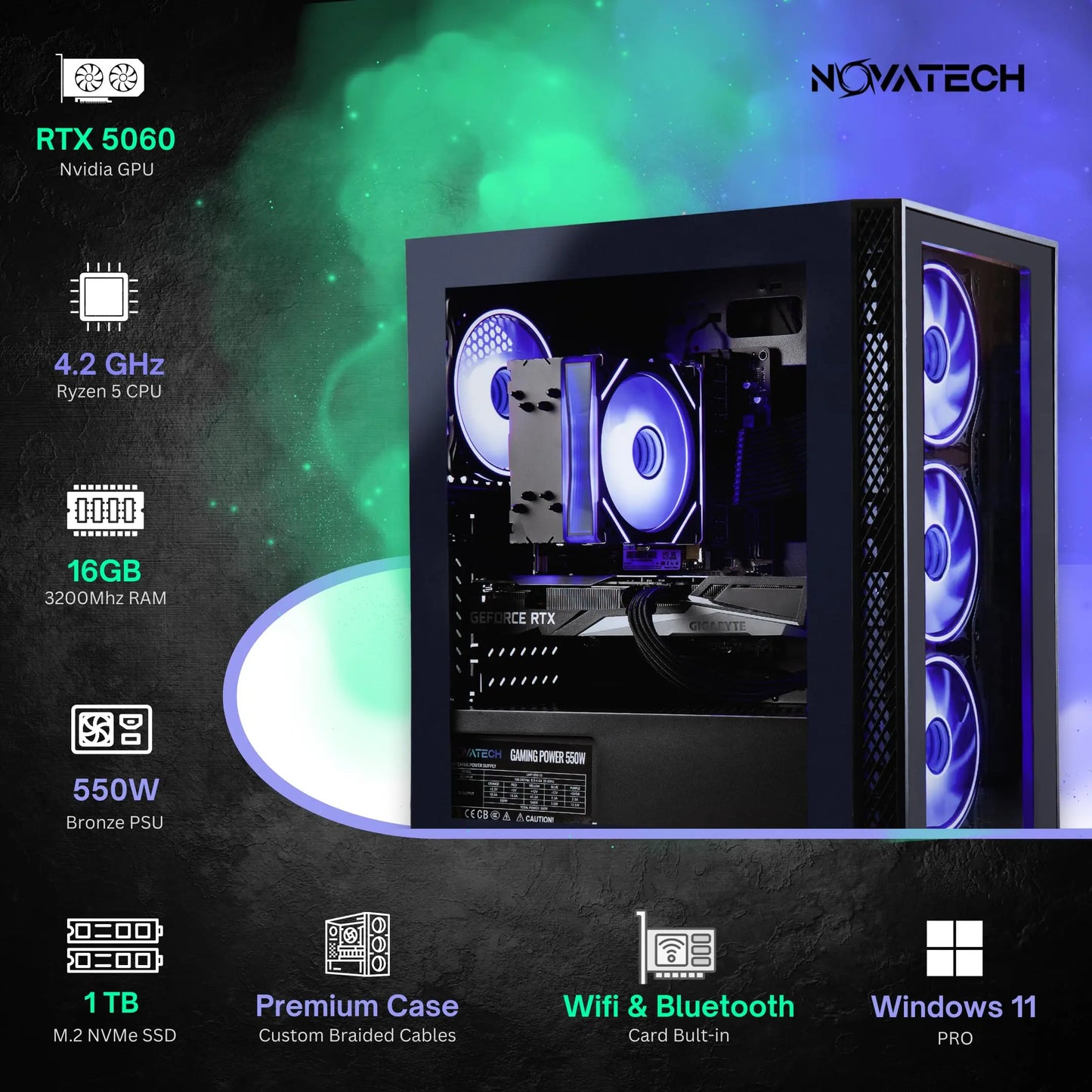 NOVATECH Titan Pro - Prebuilt Gaming PC Desktop Computer - RTX 5060 - Ryzen 5-4.2GHz - 16GB RAM - 1TB M.2 SSD WiFi/BT, Win 11 - Gaming Computer Tower - Pre Built PC Gaming - 1 Year Warranty NOVATECH