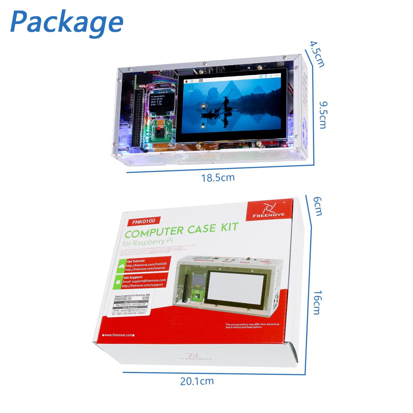 FREENOVE Raspberry Pi 5 Case with Screen (4.3'' Touchscreen), 128GB M.2 NVMe SSD 800 MB/s, 5 MP Camera, OLED Screen, Stereo Speakers, 3.5 mm and Optical Audio (S/PDIF)