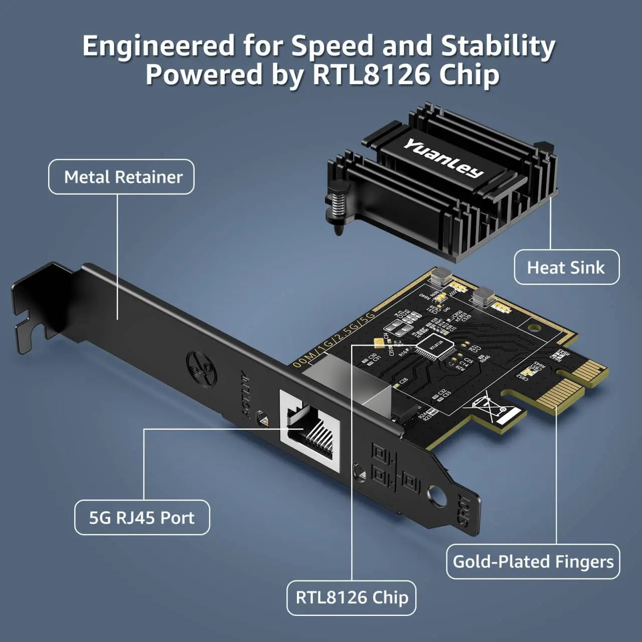 5Gb PCIe Network Card, YuanLey 5G Base-T PCI Express Ethernet Adapter with RTL8126, Support WOL, 5G/2.5G/1G/100Mbps NIC Card RJ45 Port for PC Windows/Linux OS YuanLey