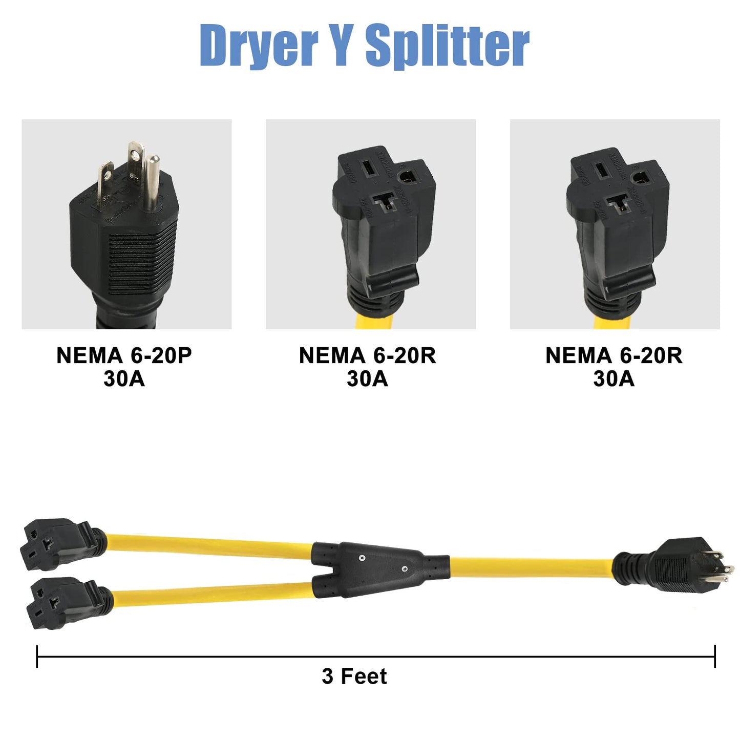 NEMA 6-20 Splitter, 6-20P to (2) 6-20R NEMA 6-20 Extension Cord 6-20P to 6-20R (T Blade Female Also for 6-15R Adapter)