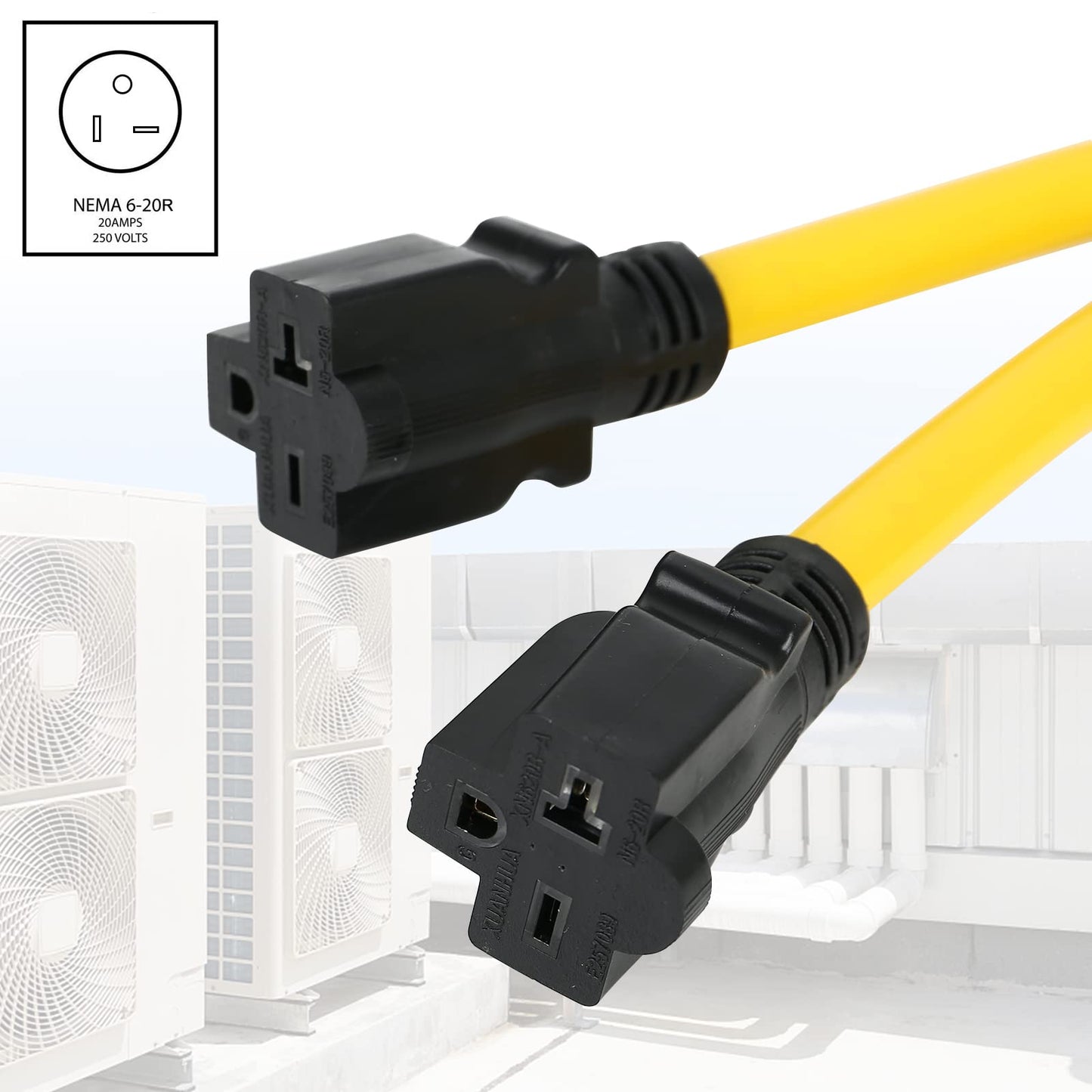 NEMA 6-20 Splitter, 6-20P to (2) 6-20R NEMA 6-20 Extension Cord 6-20P to 6-20R (T Blade Female Also for 6-15R Adapter)