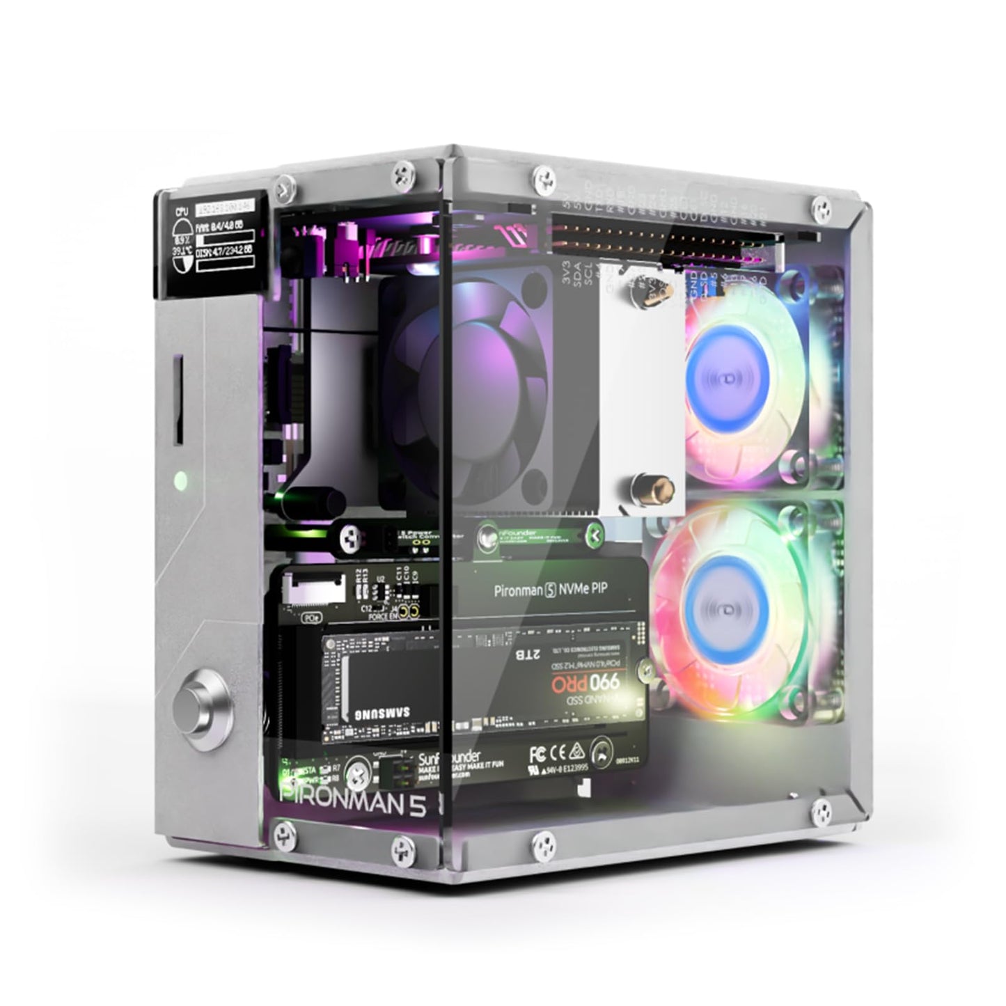 Pironman 5 NVMe M.2 SSD PCIe 2.0/3.0 Mini PC Case for Raspberry Pi 5 Hailo-8L AI Accelerator with Tower Cooler+Dual RGB Fans, 0.96'' OLED Module, Safe Shutdown, Standard HDMI, RGB Effect