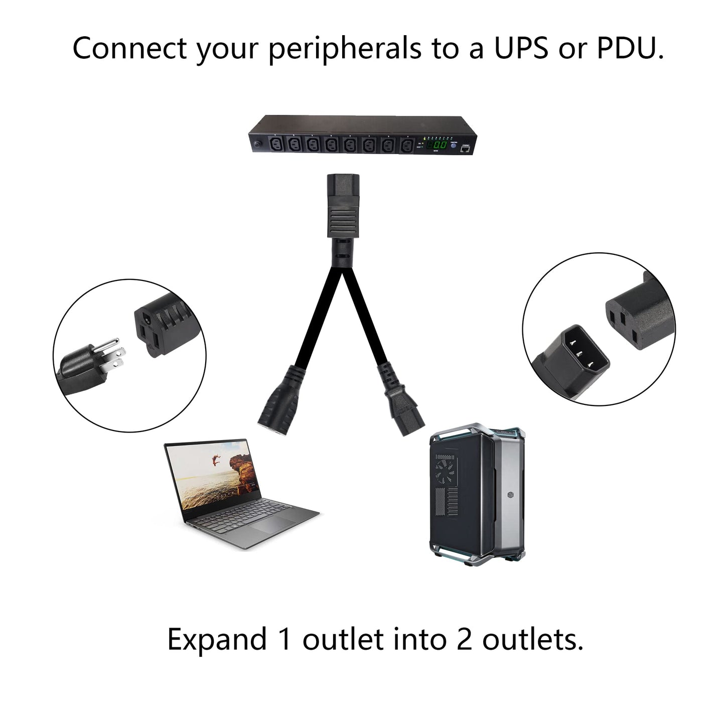 CERRXIAN 1ft C14 to C13 and NEMA 5-15R Y Splitter Power Cord, IEC 320 C14 Male to C13 Female & Nema 5-15R Female Splitter Power Cable(C14-C13/5-15R)