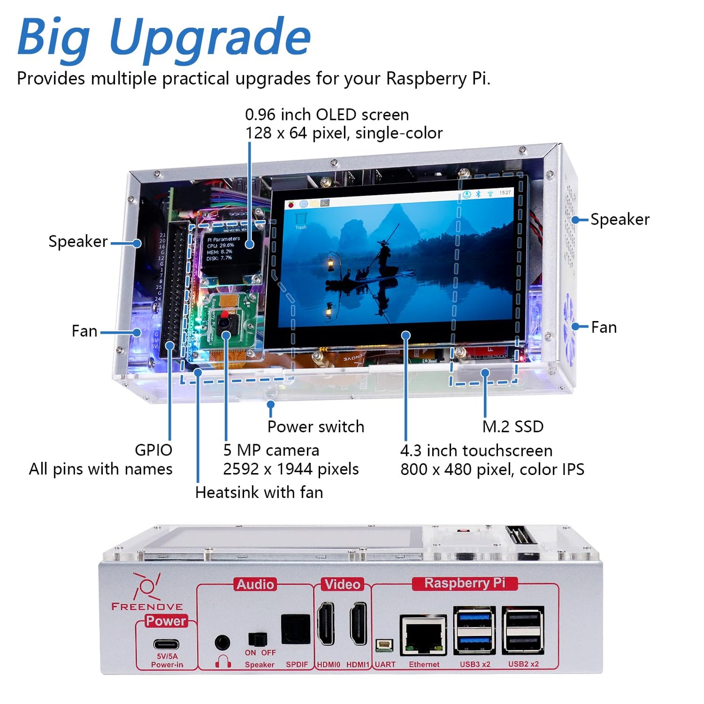 FREENOVE Raspberry Pi 5 Case with Screen (4.3'' Touchscreen), 128GB M.2 NVMe SSD 800 MB/s, 5 MP Camera, OLED Screen, Stereo Speakers, 3.5 mm and Optical Audio (S/PDIF)