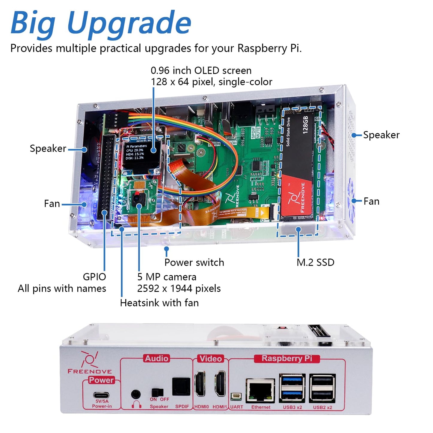 Freenove PC Case Kit for Raspberry Pi 5 with Cooling Fan,128GB M.2 NVMe SSD 800 MB/s, 5 MP Camera, 0.96 Inch OLED Screen, Built-in Stereo Speakers, 3.5 mm and Optical Audio (S/PDIF)
