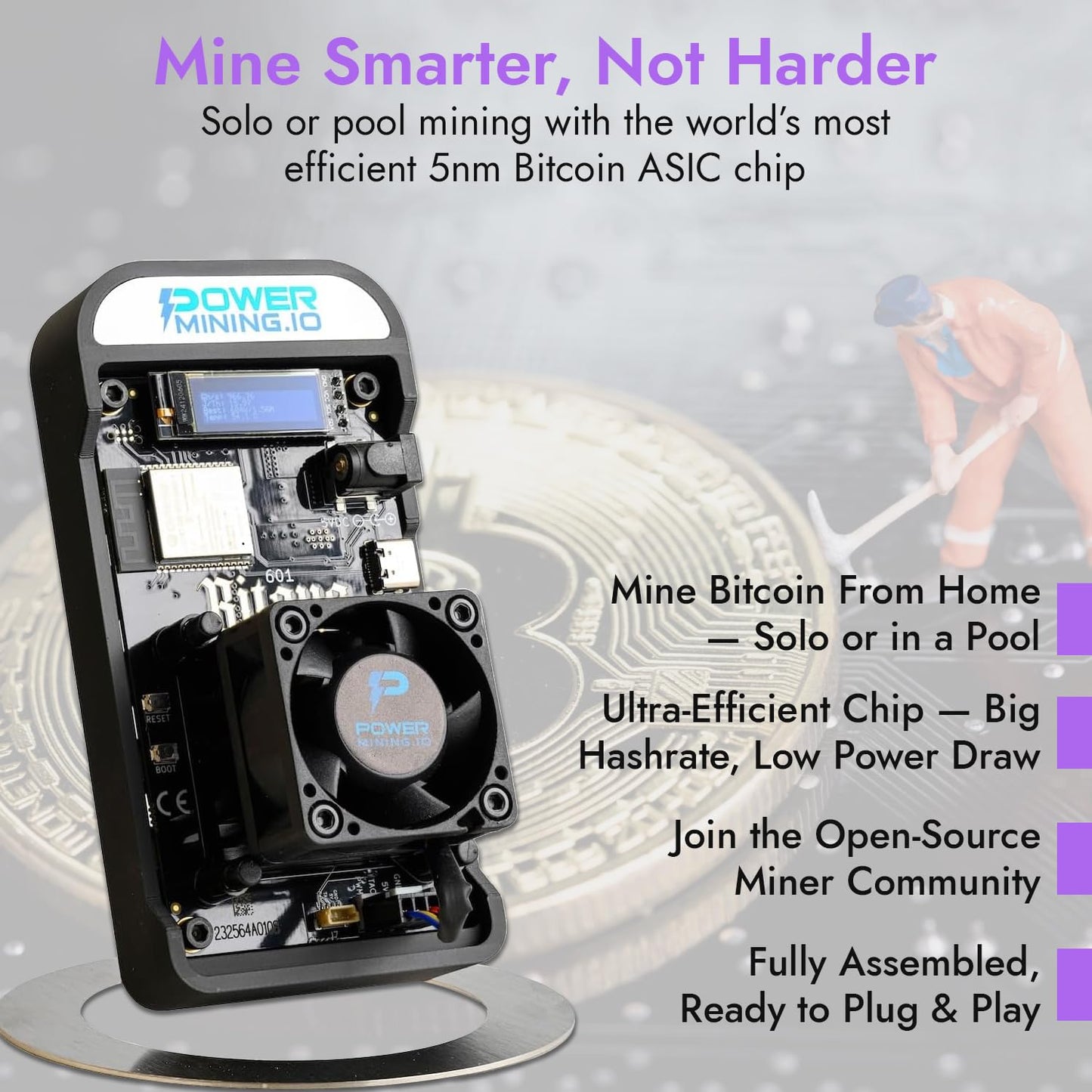 POWER MINING Bitaxe Gamma 602 ASIC Bitcoin Miner | 1.1 TH/s @ 18W | BM1370 Chip (Antminer S21 Pro) | Wi-Fi | USB-C | AxeOS | Open Source | Made in Europe | Incl. Power Supply & Stand