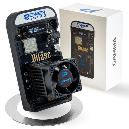 POWER MINING Bitaxe Gamma 602 ASIC Bitcoin Miner | 1.1 TH/s @ 18W | BM1370 Chip (Antminer S21 Pro) | Wi-Fi | USB-C | AxeOS | Open Source | Made in Europe | Incl. Power Supply & Stand