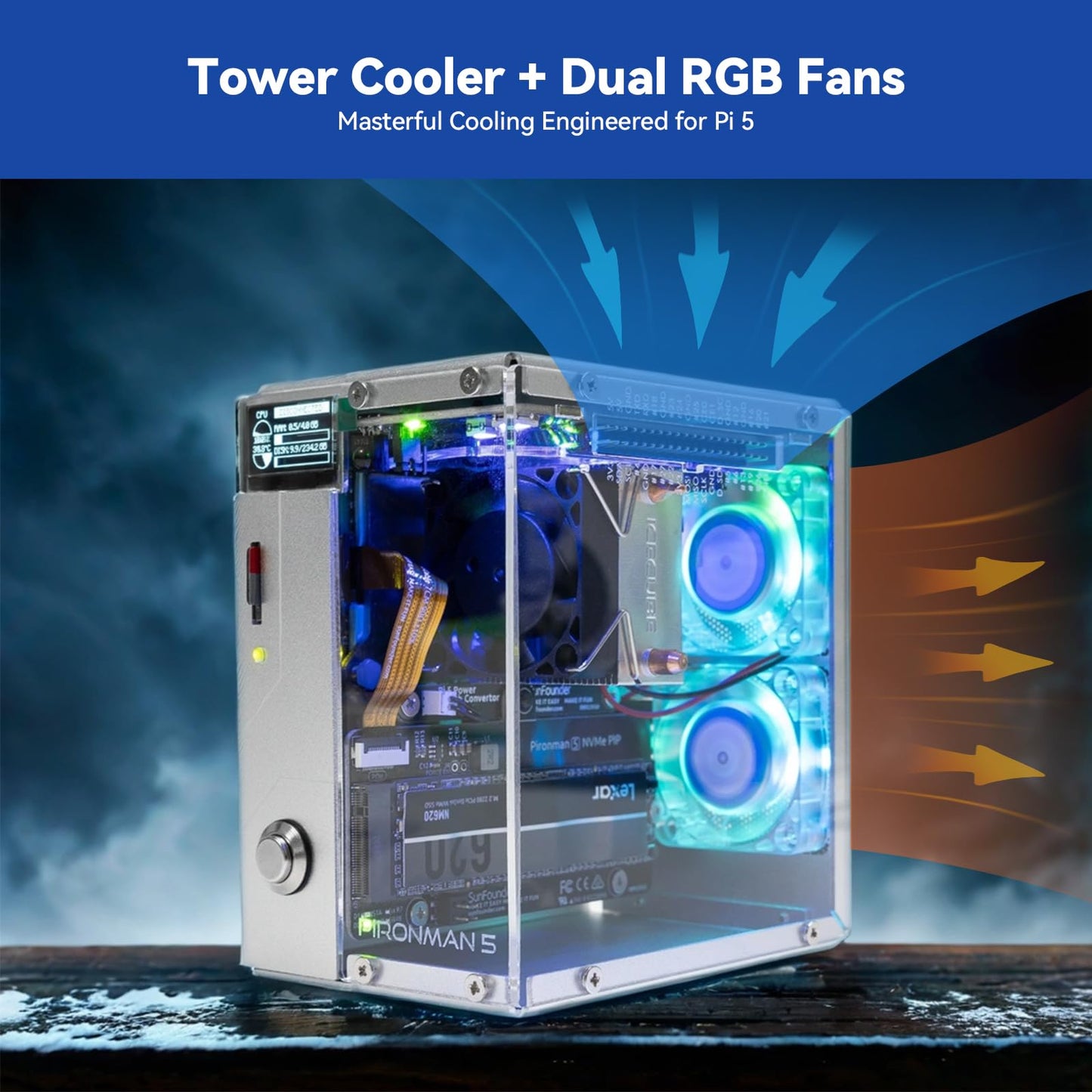Pironman 5 NVMe M.2 SSD PCIe 2.0/3.0 Mini PC Case for Raspberry Pi 5 Hailo-8L AI Accelerator with Tower Cooler+Dual RGB Fans, 0.96'' OLED Module, Safe Shutdown, Standard HDMI, RGB Effect