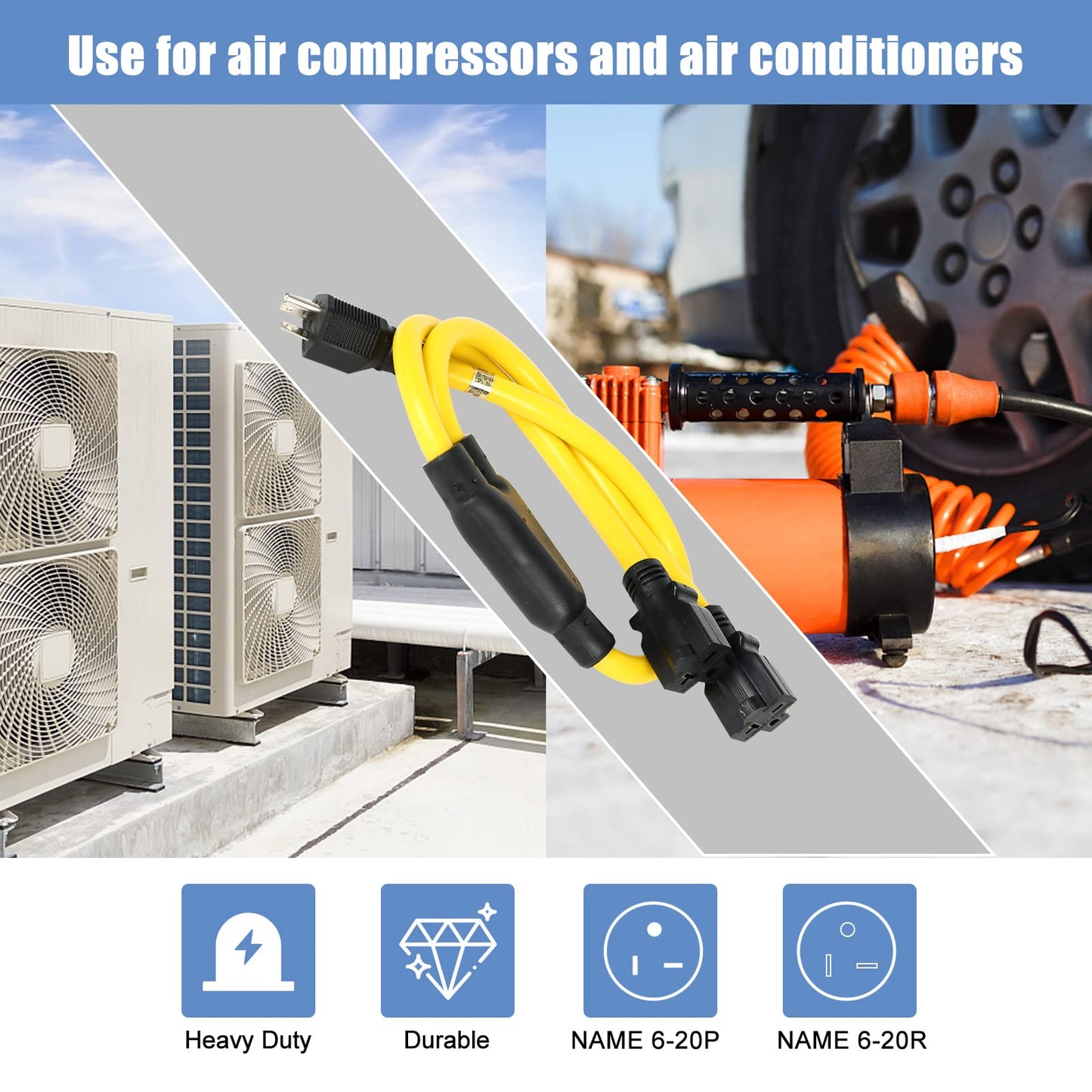 NEMA 6-20 Splitter, 6-20P to (2) 6-20R NEMA 6-20 Extension Cord 6-20P to 6-20R (T Blade Female Also for 6-15R Adapter)