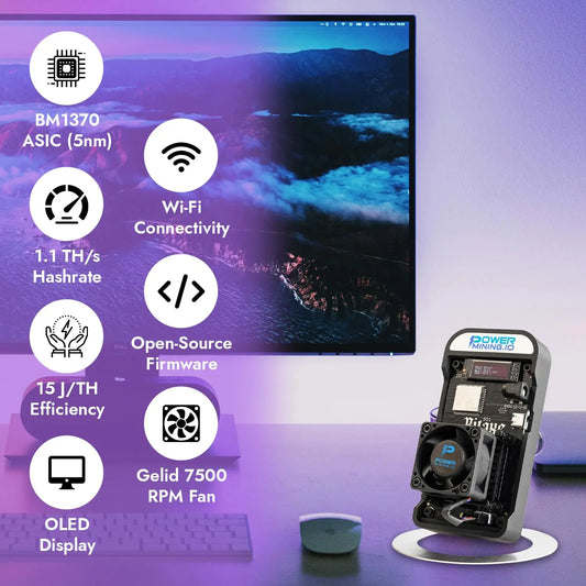 POWER MINING Bitaxe Gamma 602 ASIC Bitcoin Miner | 1.1 TH/s @ 18W | BM1370 Chip (Antminer S21 Pro) | Wi-Fi | USB-C | AxeOS | Open Source | Made in Europe | Incl. Power Supply & Stand POWER MINING