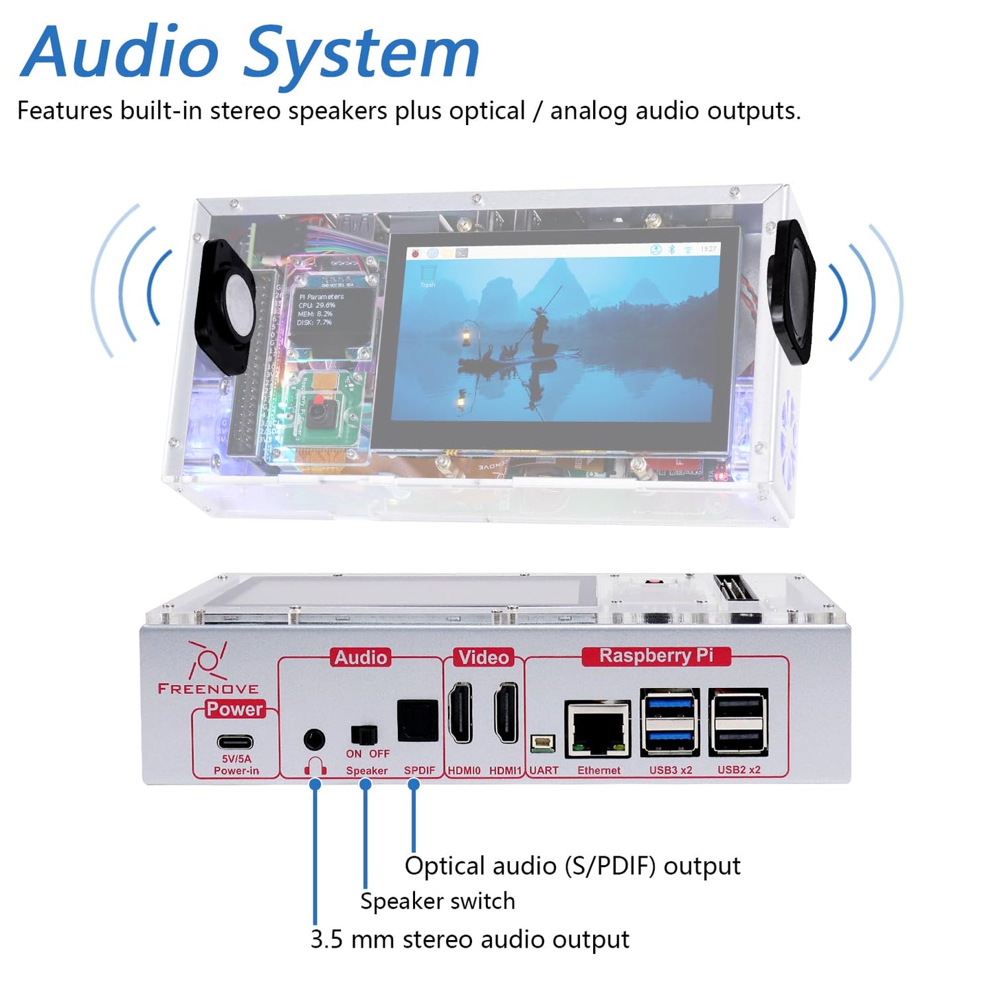 FREENOVE Raspberry Pi 5 Case with Screen (4.3'' Touchscreen), 128GB M.2 NVMe SSD 800 MB/s, 5 MP Camera, OLED Screen, Stereo Speakers, 3.5 mm and Optical Audio (S/PDIF)