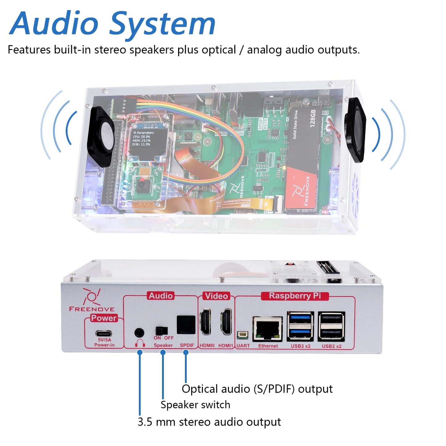 Freenove PC Case Kit for Raspberry Pi 5 with Cooling Fan,128GB M.2 NVMe SSD 800 MB/s, 5 MP Camera, 0.96 Inch OLED Screen, Built-in Stereo Speakers, 3.5 mm and Optical Audio (S/PDIF)