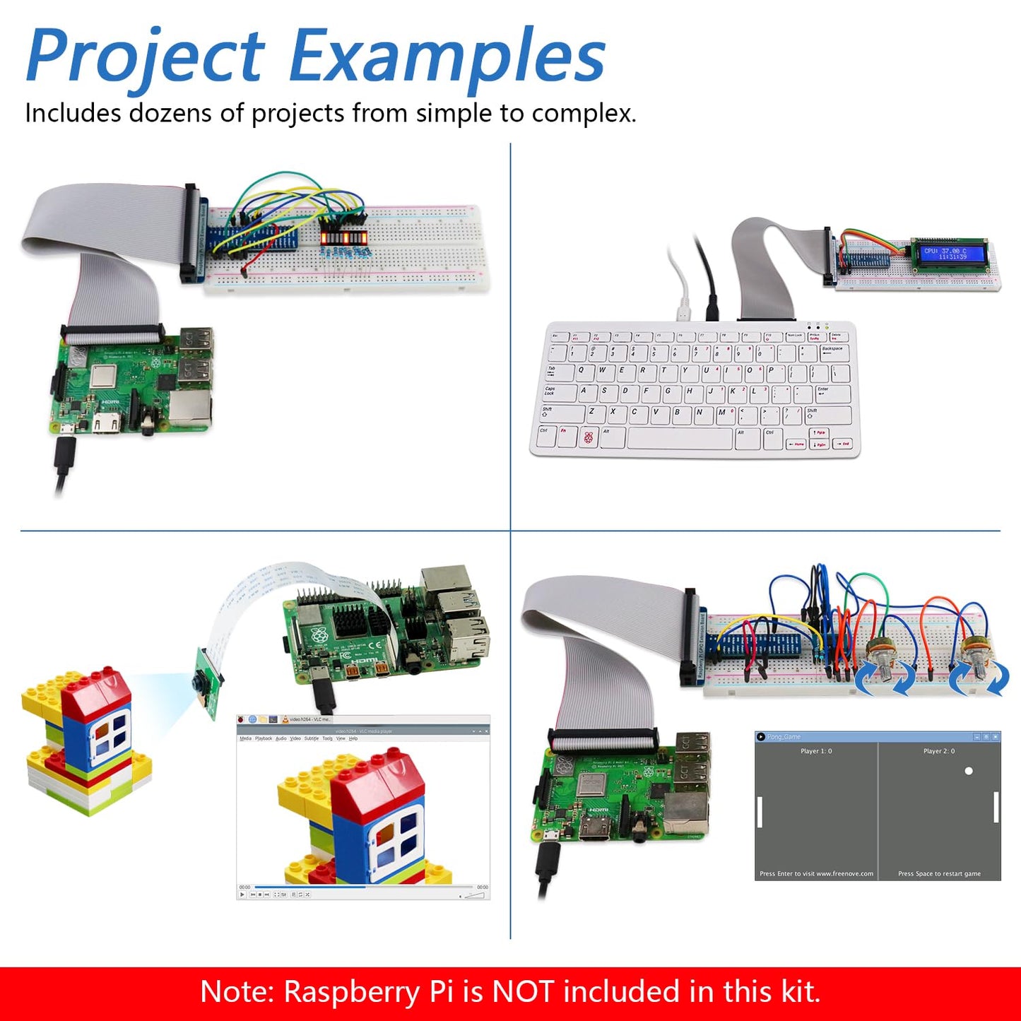 Freenove Complete Starter Kit for Raspberry Pi 5 4 B 3 B+ 500 Zero 2 W, 1170-Page Tutorial, Python C Java Scratch Processing Code, 386 Items, 164 Projects, Camera Speaker (Raspberry Pi NOT Included)