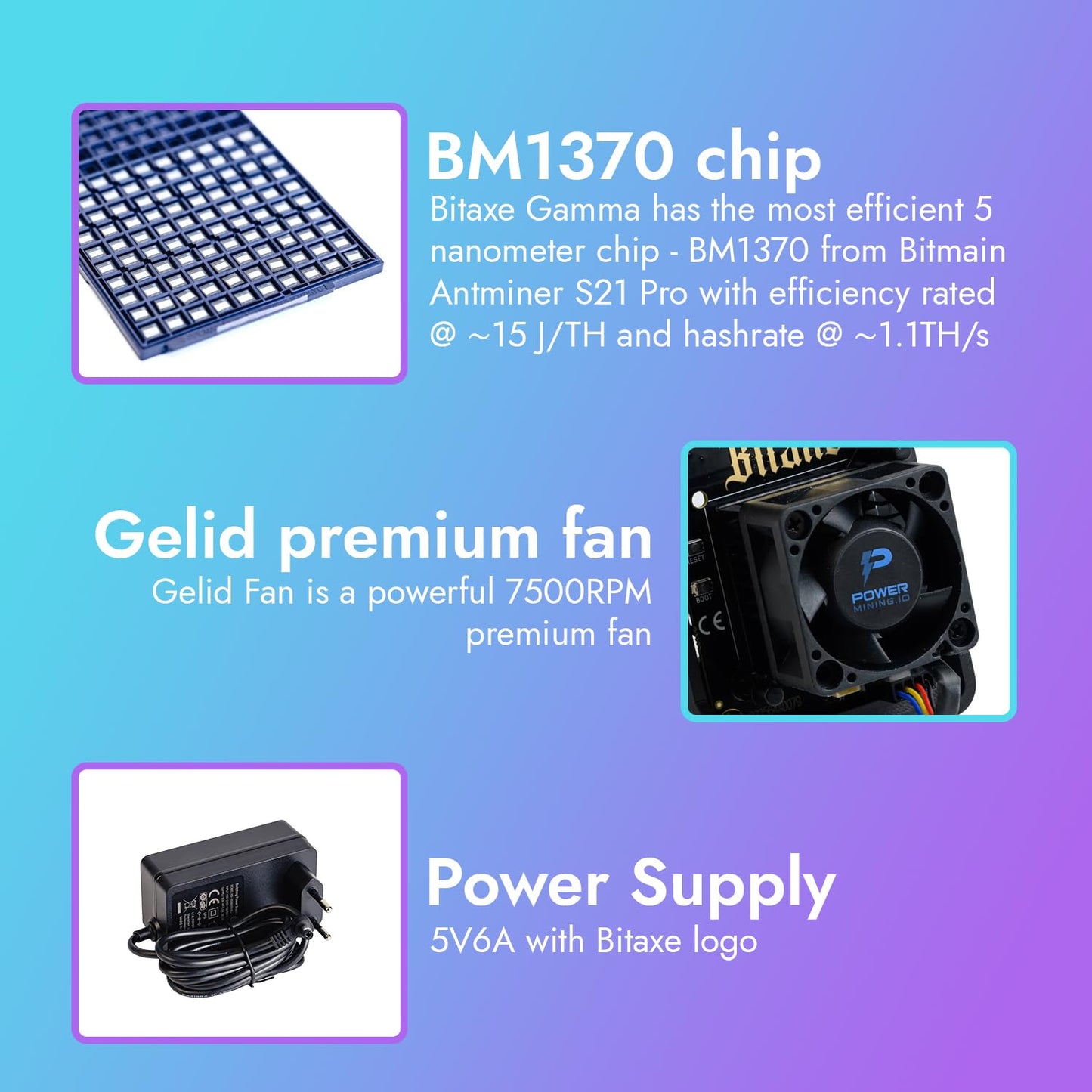 POWER MINING Bitaxe Gamma 602 ASIC Bitcoin Miner | 1.1 TH/s @ 18W | BM1370 Chip (Antminer S21 Pro) | Wi-Fi | USB-C | AxeOS | Open Source | Made in Europe | Incl. Power Supply & Stand