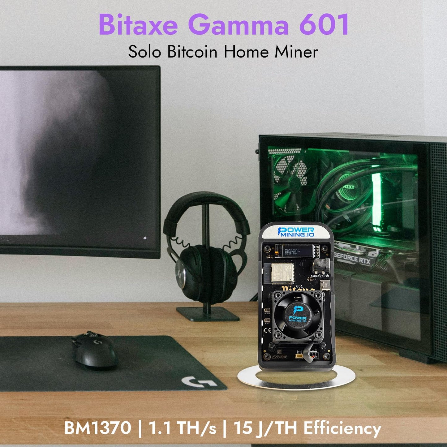 POWER MINING Bitaxe Gamma 602 ASIC Bitcoin Miner | 1.1 TH/s @ 18W | BM1370 Chip (Antminer S21 Pro) | Wi-Fi | USB-C | AxeOS | Open Source | Made in Europe | Incl. Power Supply & Stand