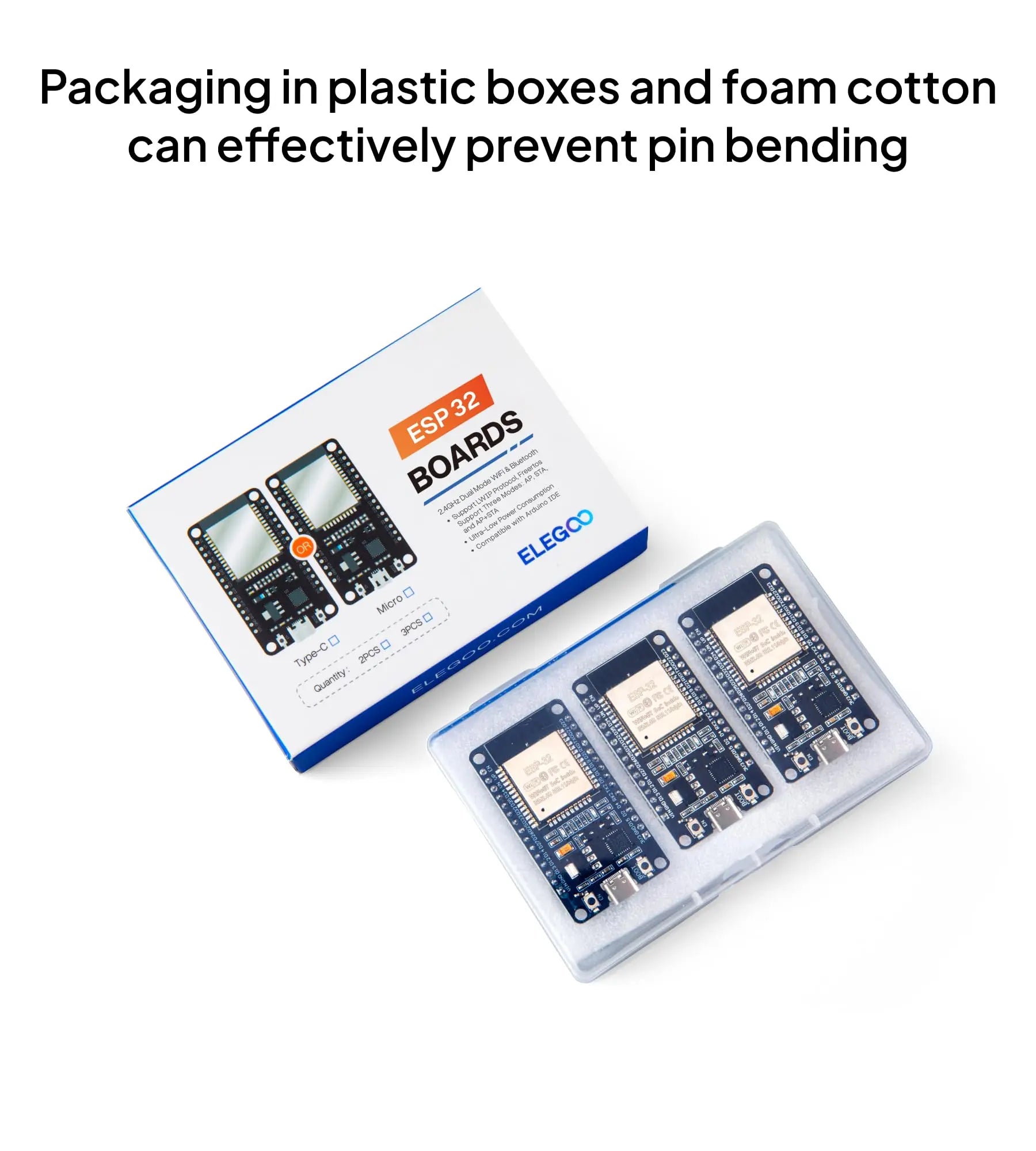 ELEGOO 3PCS ESP-32 Development Board USB-C, 2.4GHz Dual Mode WiFi+Bluetooth Dual Core Microcontroller Support AP/STA/AP+STA, CP2102 Chip ELEGOO