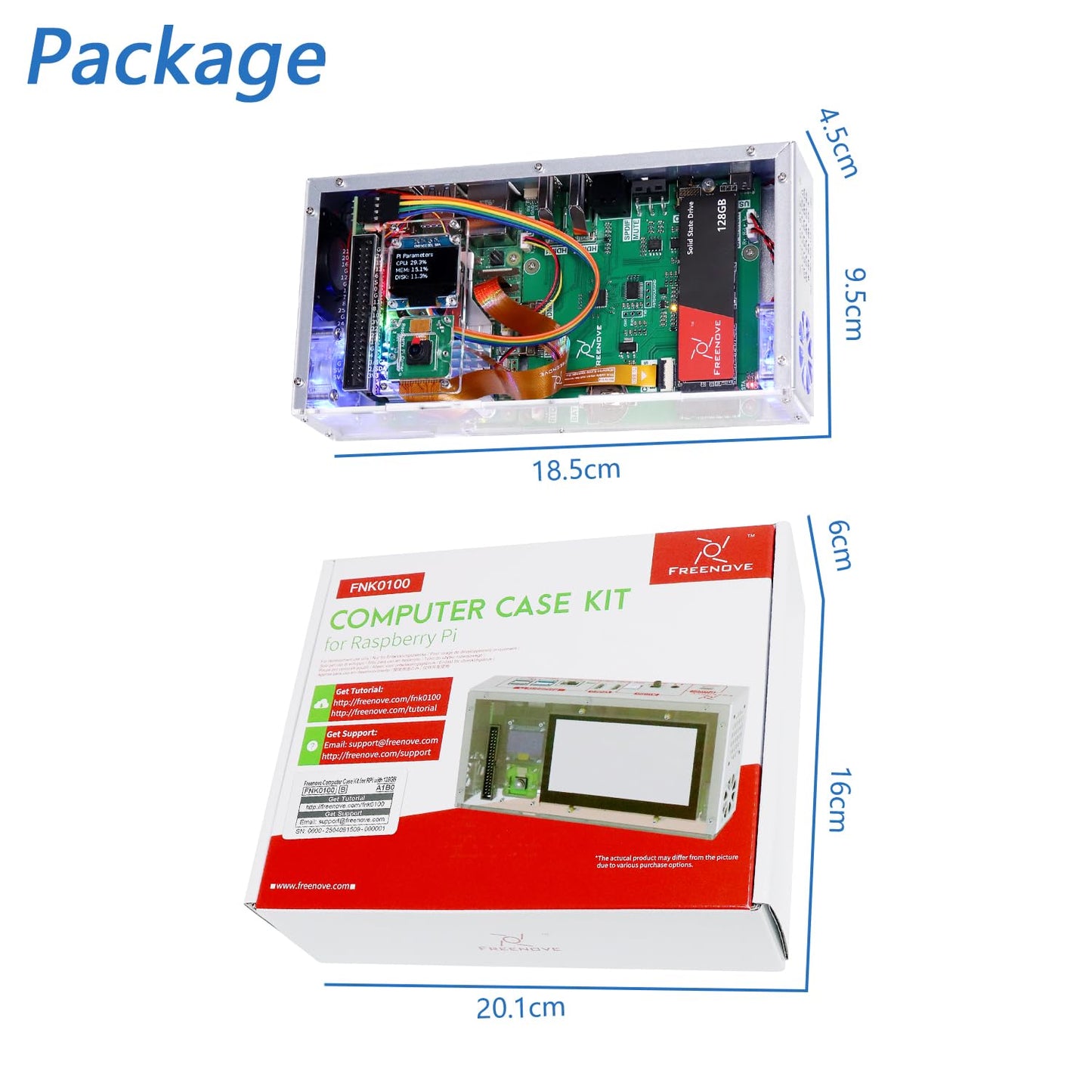 Freenove PC Case Kit for Raspberry Pi 5 with Cooling Fan,128GB M.2 NVMe SSD 800 MB/s, 5 MP Camera, 0.96 Inch OLED Screen, Built-in Stereo Speakers, 3.5 mm and Optical Audio (S/PDIF)