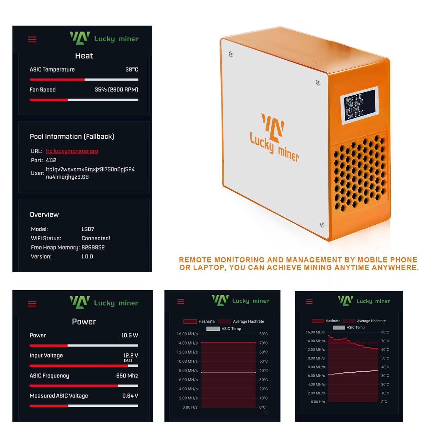 Litecoin Miner Dogecoin Solo Miner 11MH/S Lucky Miner LG07 Lottery Crypto Miner Bellscoin 2.4G/Hotspot Vergecoin Scrypt BM1366 Asic Chip