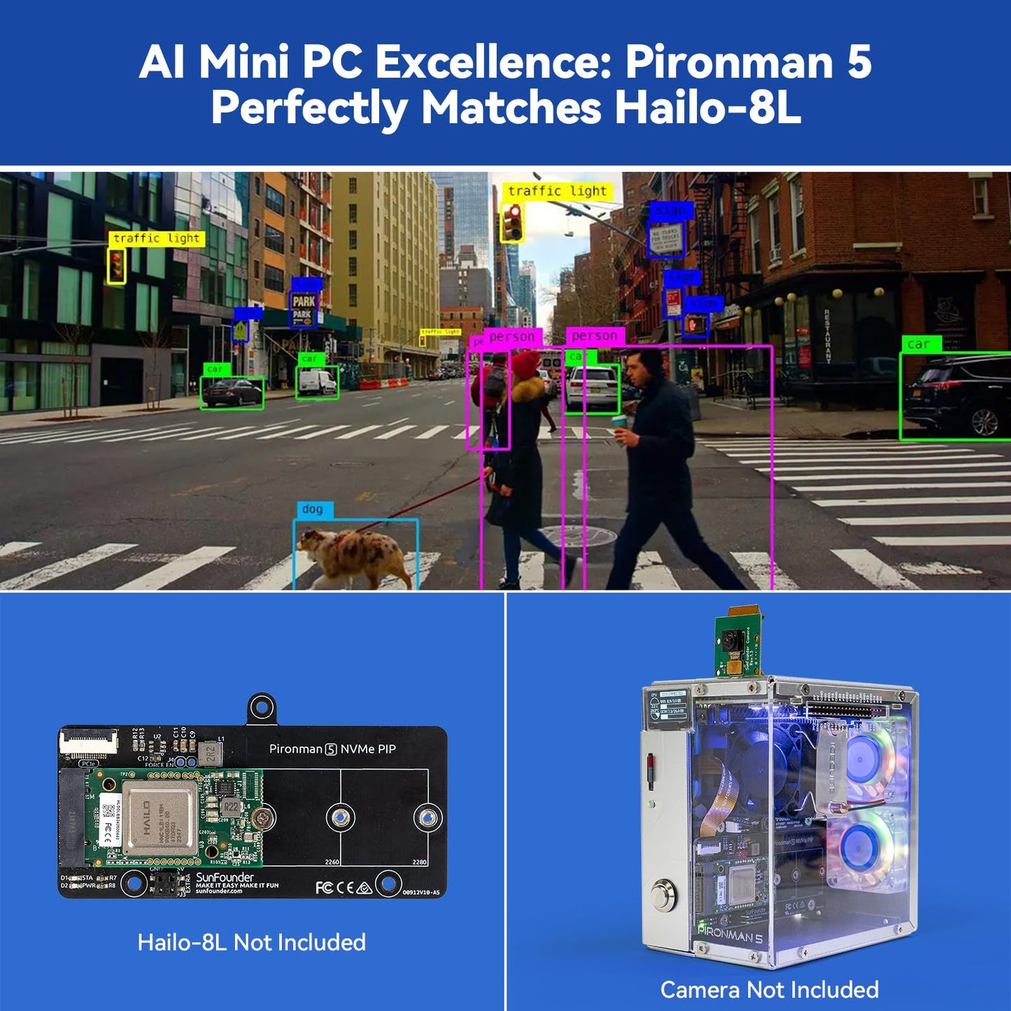 Pironman 5 NVMe M.2 SSD PCIe 2.0/3.0 Mini PC Case for Raspberry Pi 5 Hailo-8L AI Accelerator with Tower Cooler+Dual RGB Fans, 0.96'' OLED Module, Safe Shutdown, Standard HDMI, RGB Effect