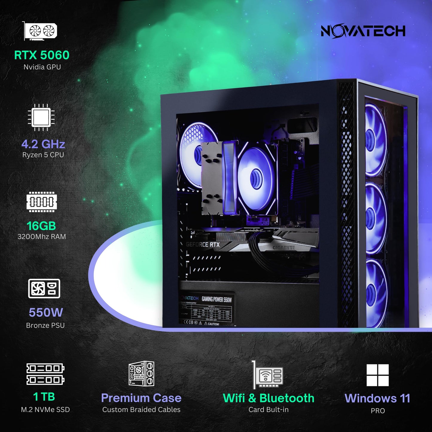 NOVATECH Titan Pro - Prebuilt Gaming PC Desktop Computer - RTX 5060 - Ryzen 5-4.2GHz - 16GB RAM - 1TB M.2 SSD WiFi/BT, Win 11 - Gaming Computer Tower - Pre Built PC Gaming - 1 Year Warranty