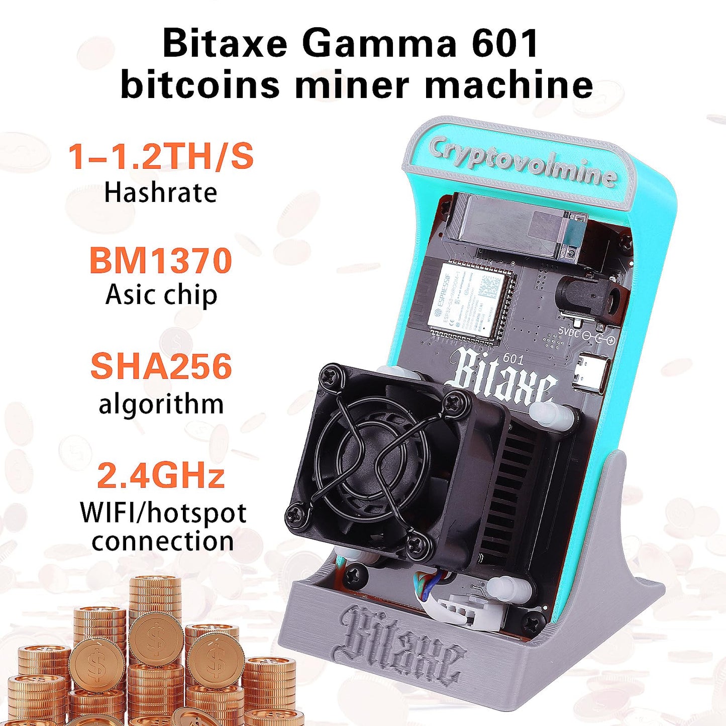 Bitaxe Gamma 601 Bitcoins Miner BM1370 Asic Chip 1.2TH/s Solo Miner 18W/TH Energy Efficiency 2.4G WiFi Home Use BTC Miner Low Noice Crypto Miner Include PSU with Open Source, Updated Software,Blue
