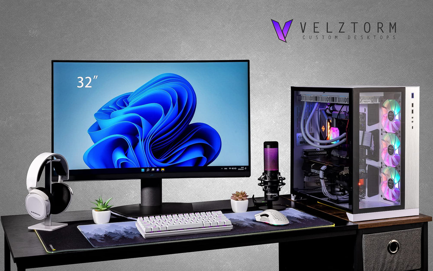 Velztorm Lux Gaming Desktop PC (AMD Ryzen 9 5950X, GeForce RTX 5090, 32GB DDR4, 2TB PCIe SSD, 360mm AIO, 1000W PSU, RJ-45, 1 Display Port, HDMI, Win 11 Pro)